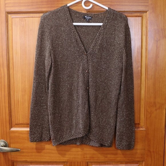 Marilena Brown Gold Sparkly Chunky Toggle Knit Cardigan Sweater Medium - Picture 2 of 11